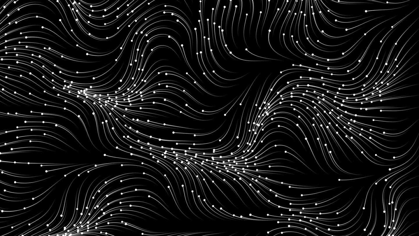 A black background with white wavy lines in patterns and white dots at the top of each line, meant to represent photons