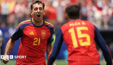 Mikel Oyarzabal celebrates scoring for Spain against Austria