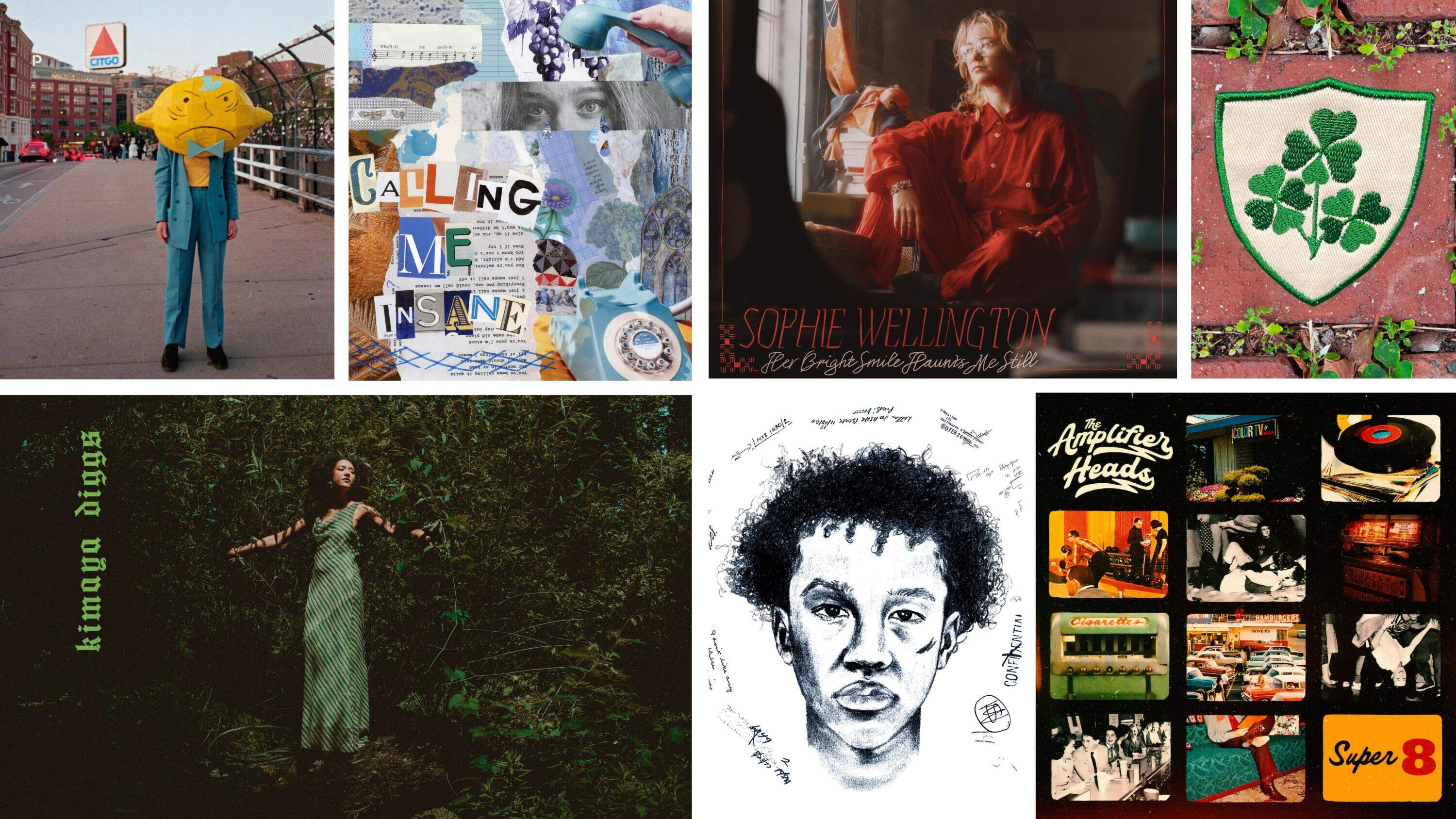 Album covers clockwise from top left: Fortuna 500’s “The Lemon Man” (Photo by Lizzy McEleny); Coral Moons’ “Calling Me Insane” (Art by Megan Kelleher); Sophie Wellington’s “Her Bright Smile Haunts Me Still” (Photo by Pat Piasecki, design by Whit Hayward); Haasan Barclay’s “Four Leaf Clover” (Courtesy Haasan Barclay); The Amplifier Heads’ “SUPER 8” (Courtesy Glenn Robinson); DeevoDaGenius and TEGA’s “Da Story of Tega Brady (Deluxe)” (Art by Nicole DaSilva, design by DeevoDaGenius); and Kimaya Diggs’ “I know that I’m perfect” (Photo by Jo Chattman, lettering by Kimaya Diggs).