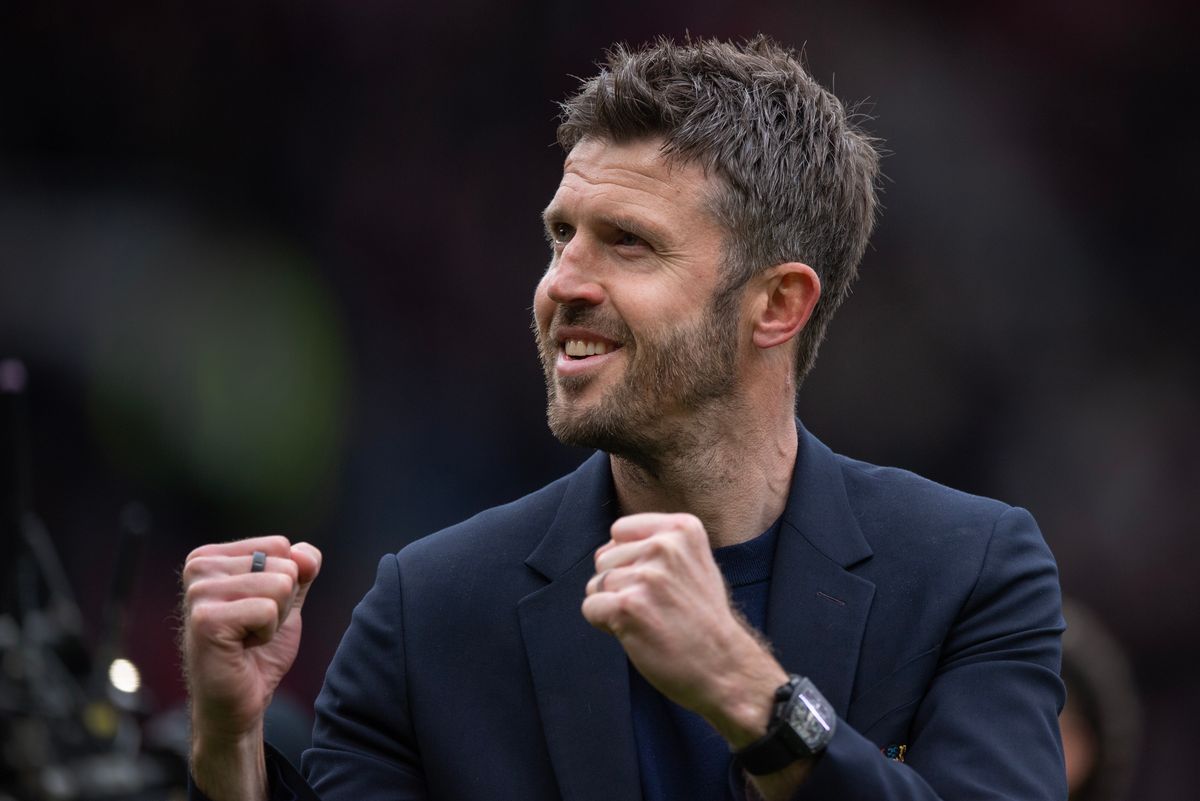 Manchester United manager Michael Carrick celebrates after the Premier League match between Manchester United and Liverpool at Old Trafford