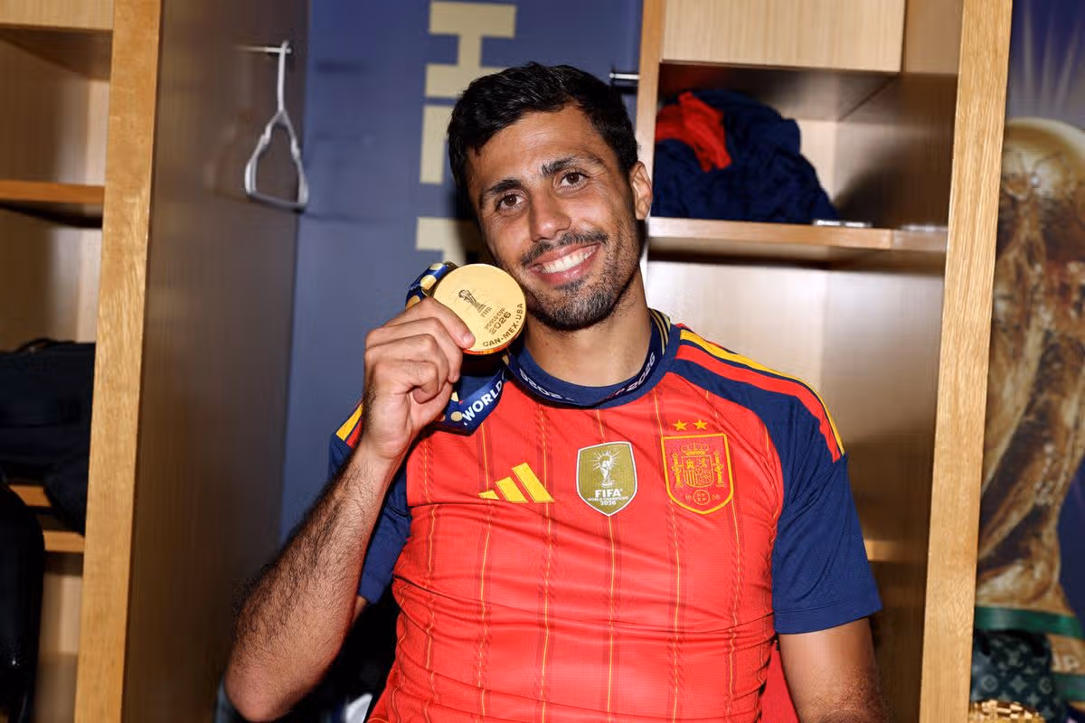 Rodri celebrates the victory in the dressing room after the FIFA World Cup 2026 Final match between Spain and Argentina