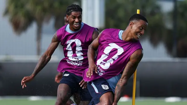 Marcus Rashford #11 and Ezri Konsa #2 of England train during an England training session at the Inter Miami CF Training Facility one day ahead of the FIFA World Cup 2026 Quarter Final match between Norway and England on July 10, 2026 in Miami, Florida.