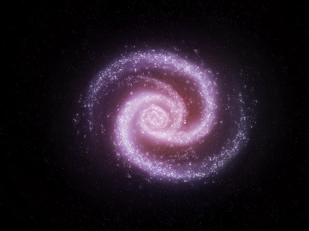 Illustration of a bright, colorful spiral galaxy with a purple outer ring and a pink core, set against a dark starry background.