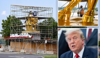 Trump gives first look of gold makeover to iconic Arts of War DC sculptures