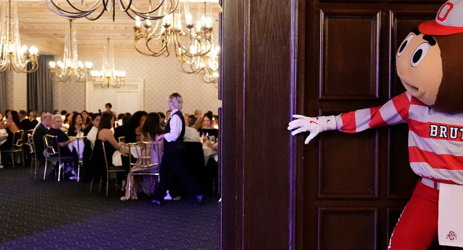 Brutus Buckeye tiptoes into a wedding at the Athletic Club of Columbus on Nov. 21, 2025.