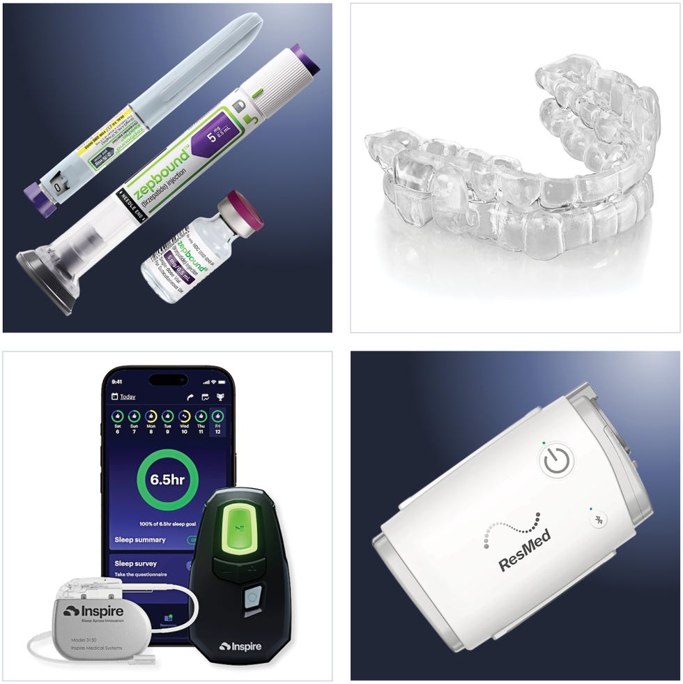 Medical devices including a pen injector, vial, mouthguard, smartphone app, remote control, and a ResMed device.