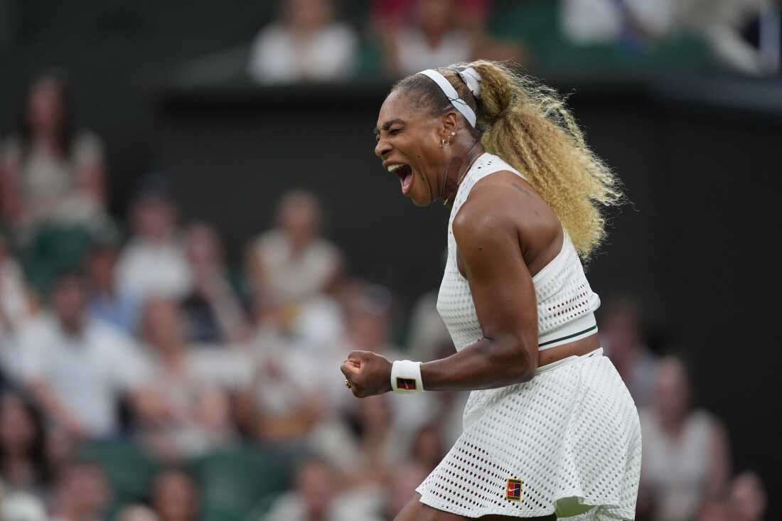 Serena Williams of the United States celebrates winning a point against Maya Joint of Australia in their first round women's singles match at the Wimbledon Tennis Championships in London, Tuesday, June 30, 2026.