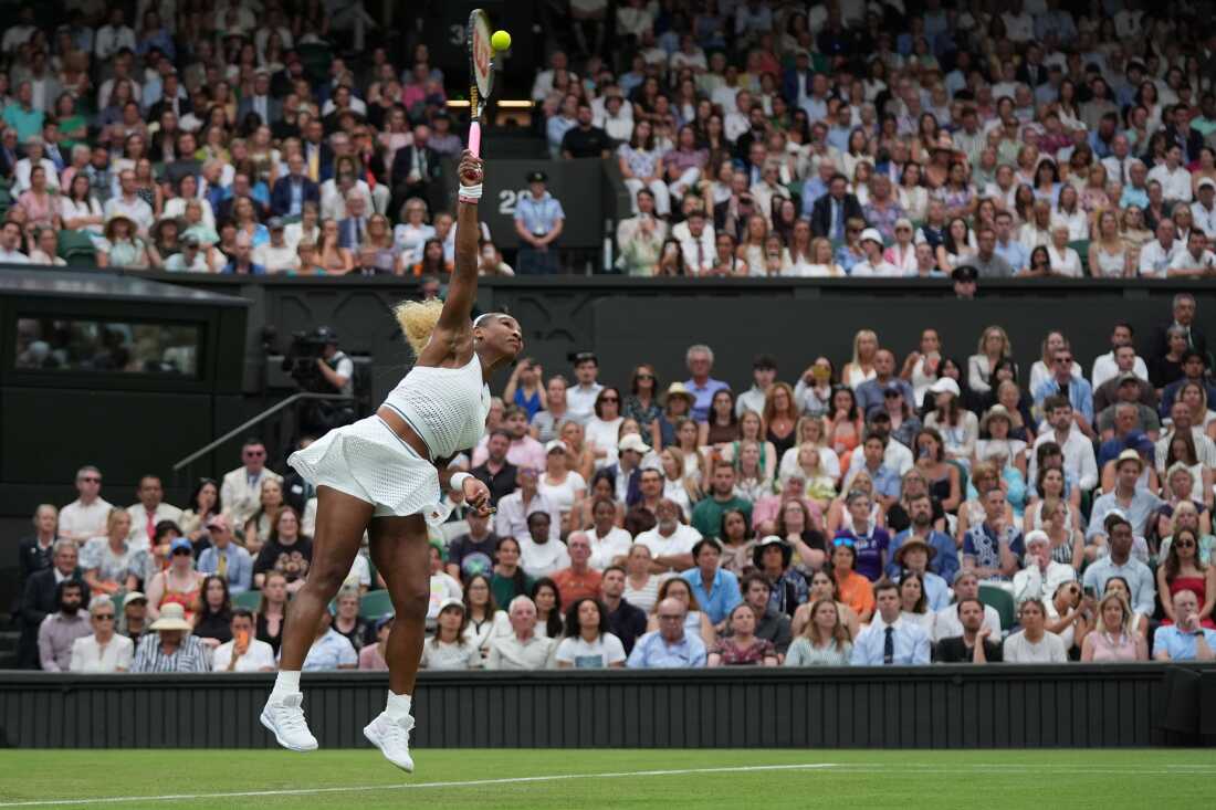 Serena Williams of the United States serves against Maya Joint of Australia in their first round women's singles match at the Wimbledon Tennis Championships in London, Tuesday, June 30, 2026.