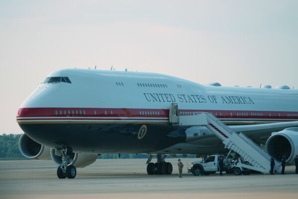 The newly designated Air Force One is ready as President Donald Trump arrives to board, Wednesday, July 1, 2026, at Joint Base Andrews, Md. (AP Photo/Julia Demaree Nikhinson)