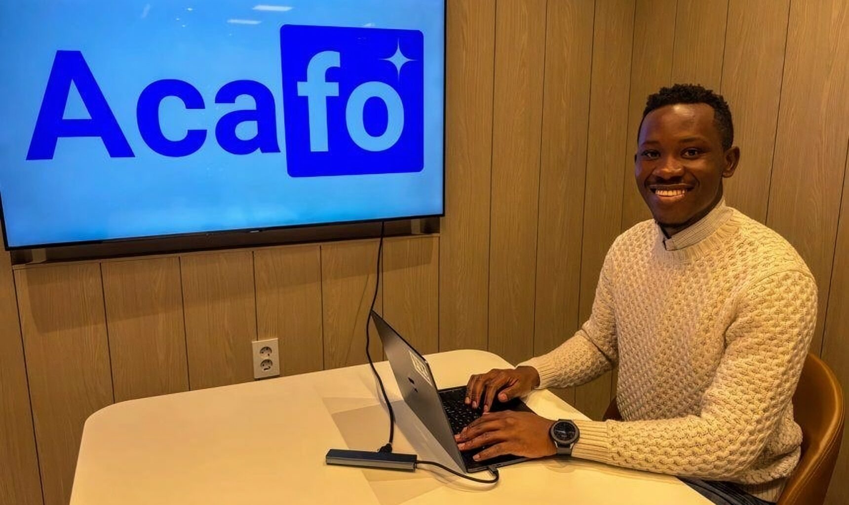 Acafo founder Casimir Agossou works at his office, December 2025. Courtesy of Acafo