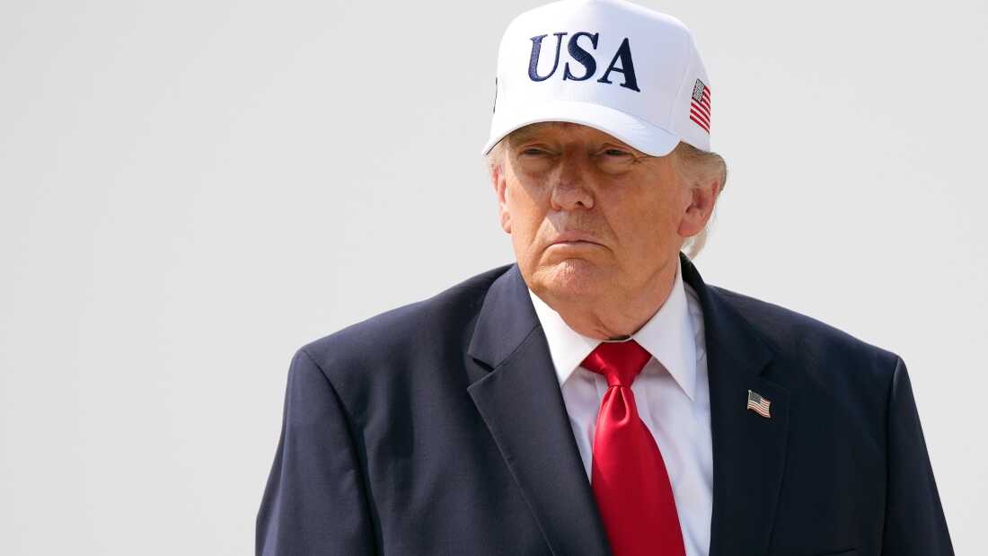 President Trump, from the shoulders up, wearing a suit with a red tie. He wears a white cap with "USA" in dark blue written across it.