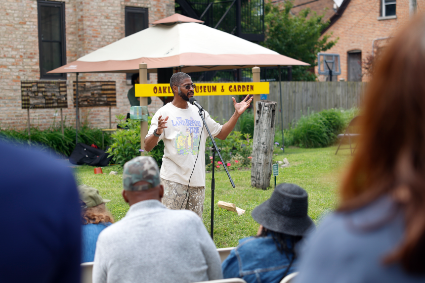 Milton Mizenburg III, Milton Mizenburg Jr.’s son, speaks at the street sign unveiling ceremony on Saturday, June 27, 2026, at Oakland Museum and Garden in Oakland.
