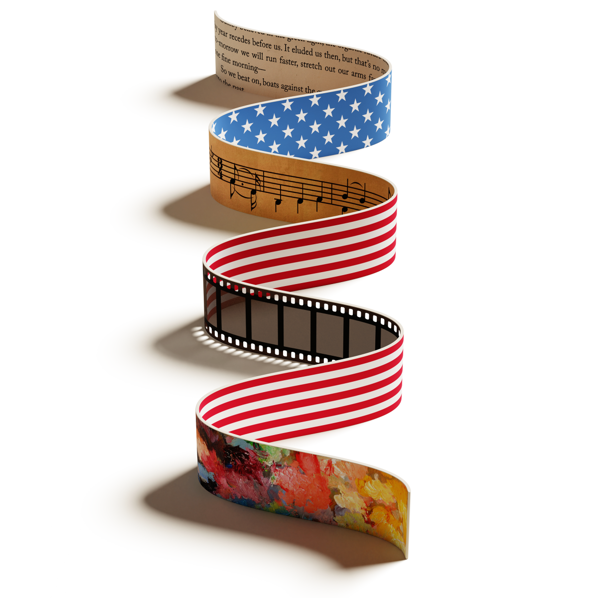 Illustration of a double-sided ribbon with stars & stripes, musical notes, film strip and abstract art