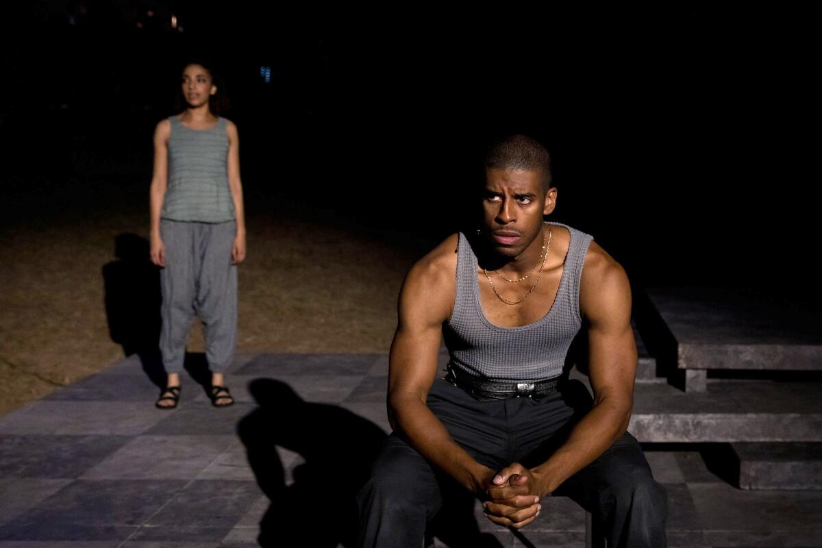 Carene Rose Mekertichyan and Brent Charles in "Coriolanus" at the Griffith Park Free Shakespeare Festival.