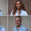 The photograph is a grid of four portraits. Each person wears a light blue shirt with an American Cancer Society logo.