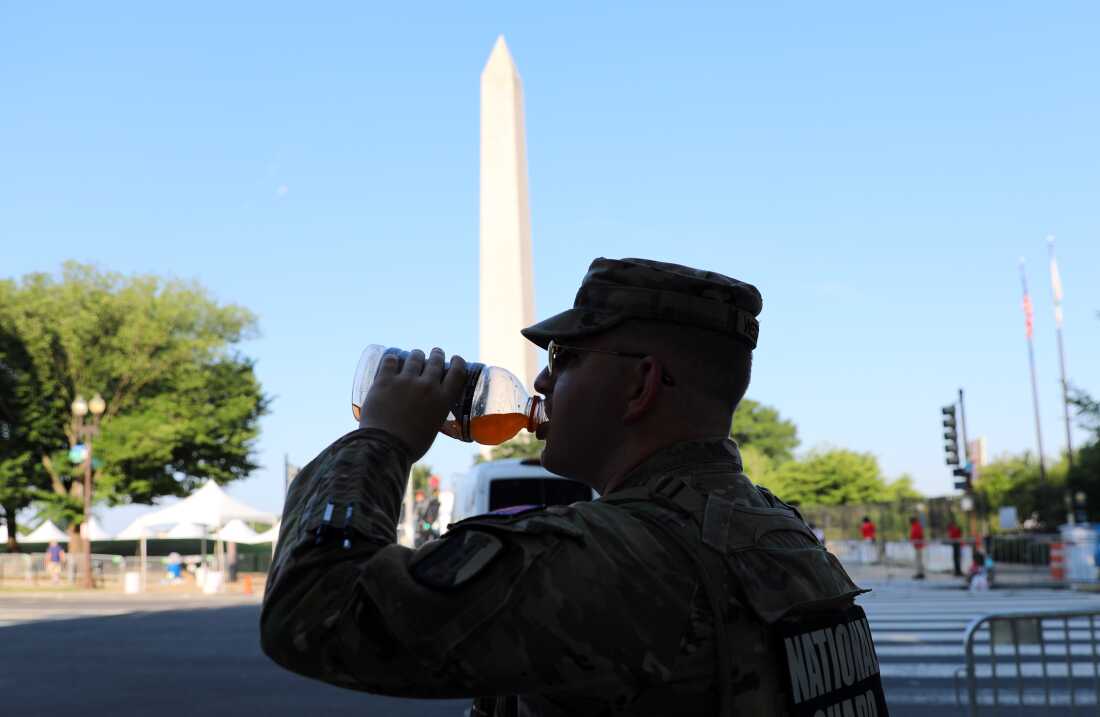 National stand guard near the Washington Monument at the national mall, during an Independence Day event honoring the nation's 250th anniversary on Saturday.