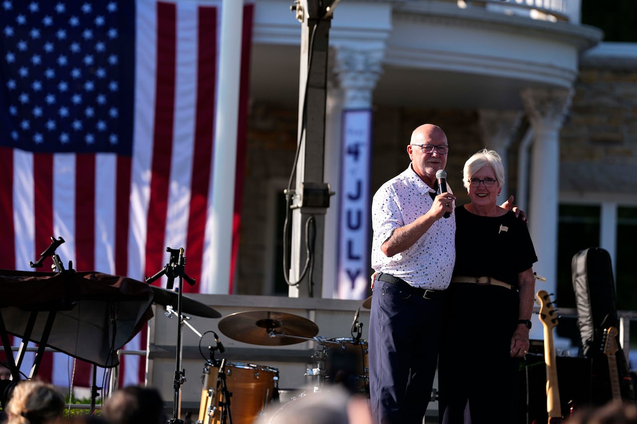 U.S. Ambassador to Canada Pete Hoekstra is joined by his wife Diane as he speaks at an Independence Day party marking 250 years of U.S. independence, at Lornado, the official residence of the U.S. Ambassador to Canada, in Ottawa, on Saturday, July 4,