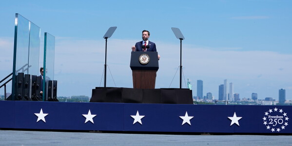 Vice President JD Vance speaks on the flight deck of the USS Kearsarge (LHD-3) in the New York harbor during The International Naval Review honoring America's 250th Anniversary, Saturday, July 4, 2026, in New York. (AP Photo/Frank Franklin II)