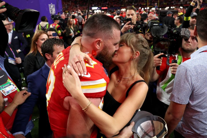 Travis Kelce and Taylor Swift, seen in 2024 after Kelce's team won Super Bowl LVIII, started dating in 2023 after he tried and failed to meet up with her during an Eras Tour stop.