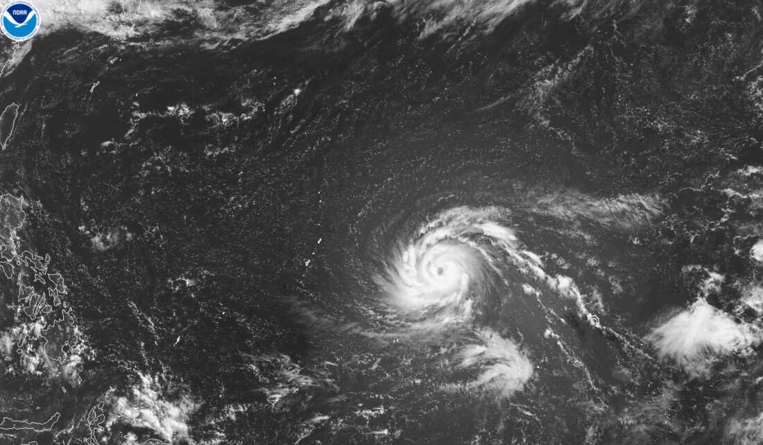 This satellite image from the National Oceanic and Atmospheric Administration shows Typhoon Bavi east of the U.S. Pacific island territory of Guam on Friday.