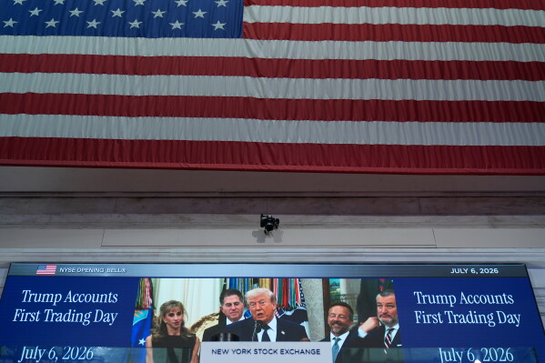 After ringing the opening bell from the White House, United States President Donald Trump is seen on a screen on the floor of the New York Stock Exchange, in New York, Monday, July 6, 2026. (AP Photo/Seth Wenig)