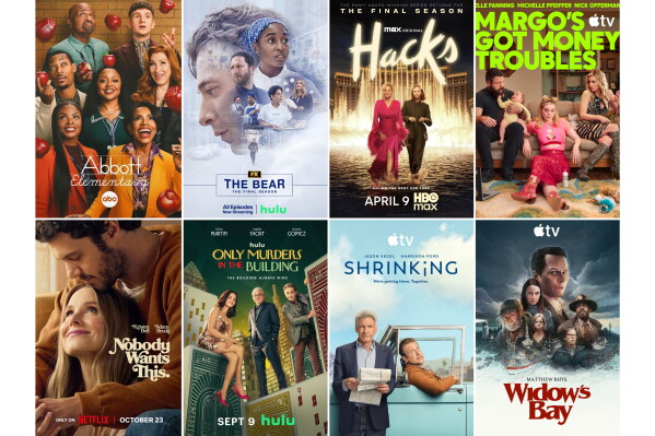 This combination of images shows promotional art for Emmy nominated shows for best comedy, top row from left, "Abbott Elementary," "The Bear," "Hacks," and "Margo's Got Money Troubles," bottom row from left, "Nobody Wants This," Only Murders in the Building," "Shrinking," and "Widow's Bay." (ABC/FX/HBO Max/Apple TV+/Netflix/Hulu/Apple TV+/Apple TV+ via AP)
