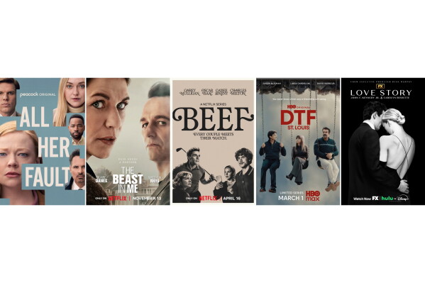 This combination of images shows promotional art for Emmy nominees for best limited or anthology series, from left. "All Her Fault," "The Beast in Me," "Beef," "DTF St. Louis," and "Love Story: John F. Kennedy Jr. & Carolyn Bessette." (Peacock/Netflix/Netflix/HBO Max/FX-Hulu via AP)