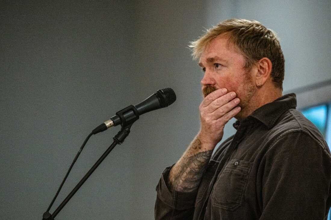 Graham Platner speaks to voters at a town hall at the Elks Lodge 188 on June 7, 2026 in Portland, Maine.