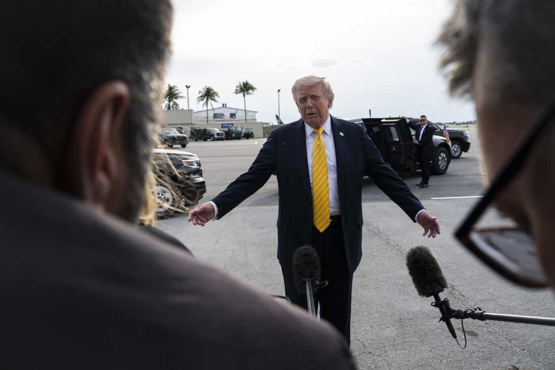 President Trump speaks to journalists before boarding Air Force One at Palm Beach International Airport in early May, several months before the renaming took effect.