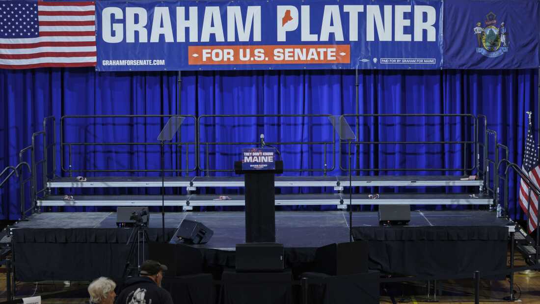 An empty stage is seen at a Graham Platner campaign event on June 9, 2026 in Blue Hill, Maine.