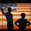Children look at the Star Spangled Banner, the flag that inspired the lyrics of the American national anthem, at the Smithsonian's National Museum of American History, Tuesday, June 10, 2025, in Washington, D.C.