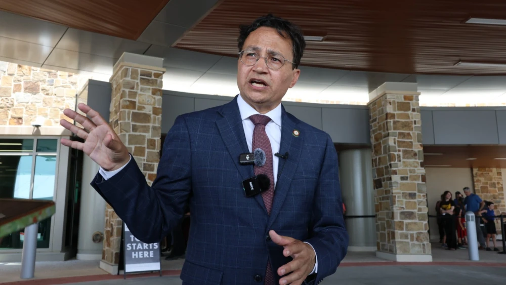 Cherokee Nation Principal Chief Chuck Hoskin, Jr. speaks to media at opening of W.W. Hastings Hospital