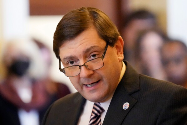 Senate President Troy Jackson speaks at a news conference, Jan. 17, 2023, in Augusta, Maine. (AP Photo/Robert F. Bukaty, File)