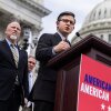 Speaker of the House Mike Johnson (R-La.), Rep. Chip Roy (R-Texas) (left), and Ken Cuccinelli (background), former attorney general of Virginia, hold a news conference on the House steps of the U.S. Capitol to introduce the "Safeguard American Voter Eligibility (SAVE) Act," which would mandate proof of U.S. citizenship for voter registration in federal elections, on Wednesday, May 8, 2024.
