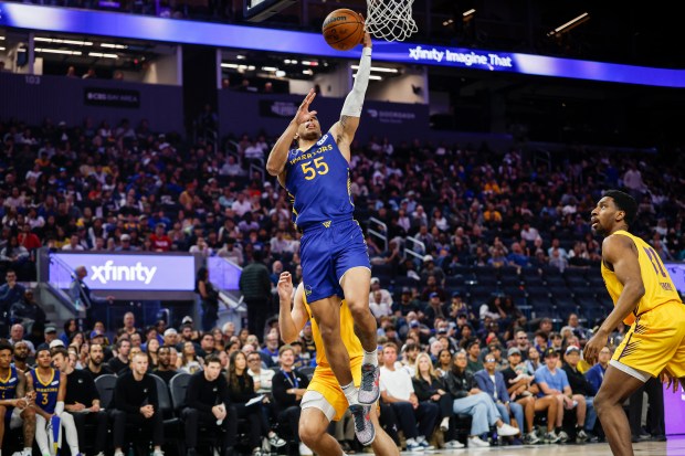 Golden State Warriors' Chance McMillian (55) takes a shot against Los Angeles Lakers' Peter Suder (35) in the first quarter during a Summer League game at Chase Center in San Francisco, Calif., on Friday, July 3, 2026. (Shae Hammond/Bay Area News Group)