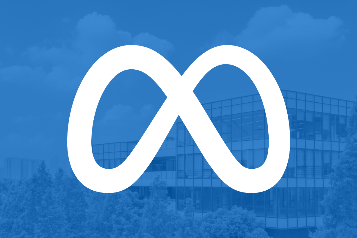 The Meta Platforms logo superimporsed over a picture of the company's headquarters building.