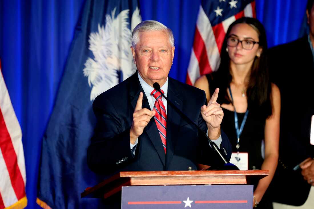 FILE - Republican U.S. Sen. Lindsey Graham speaks after winning the Republican primary on June 9, 2026, in Columbia, S.C.
