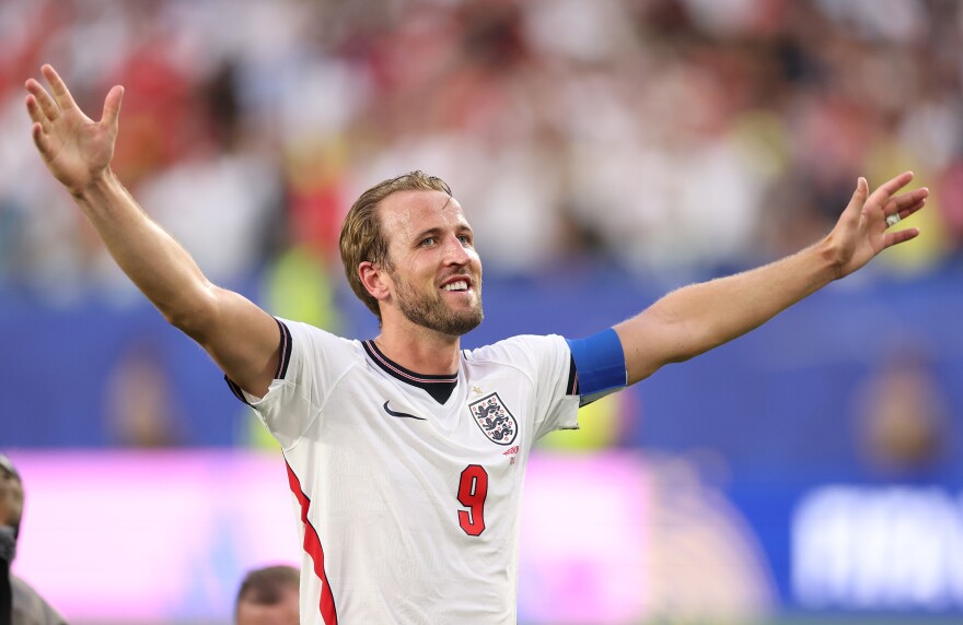 England striker Harry Kane celebrates following the World Cup quarterfinal match against Norway on July 11, 2026 in Miami Gardens, Fla.