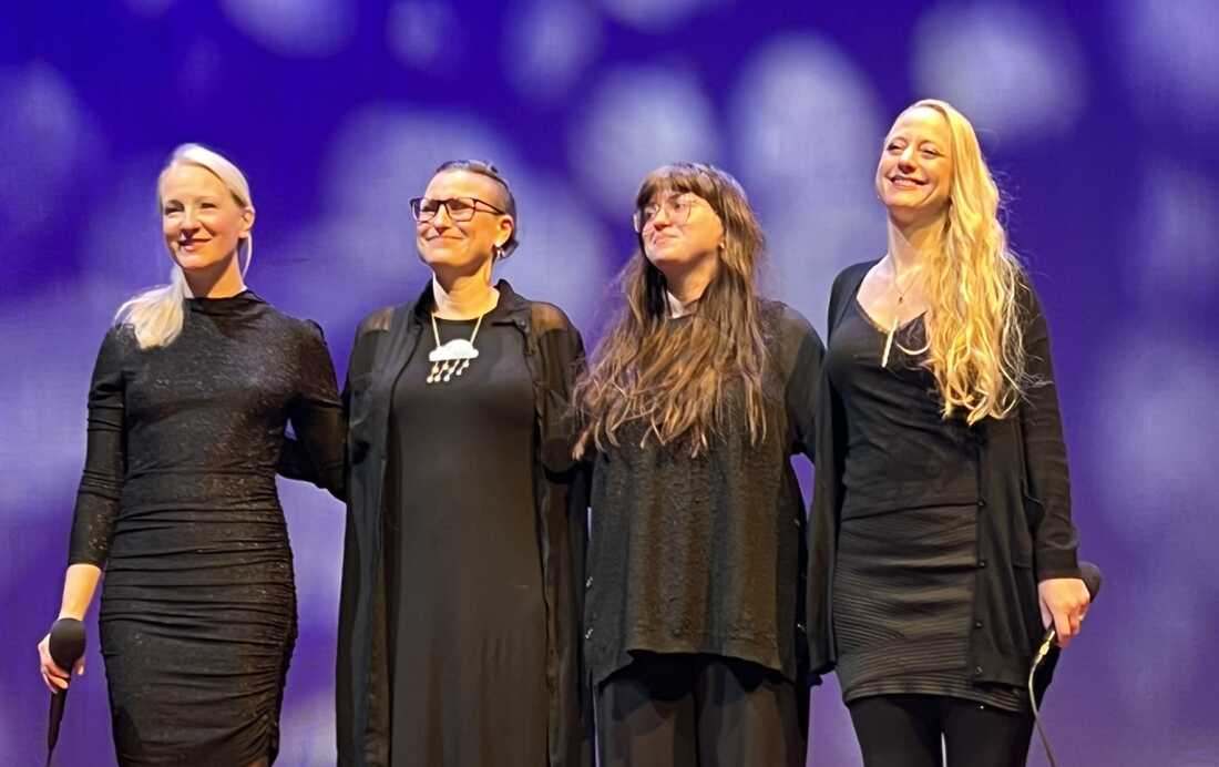 Swedish Folk'appella group Kongoro, Anna Wikenius, left, Lotta Andersson, Sophia Hultqvist Kott and Emma Björling perform in Greensboro, Vt., in December 2023.