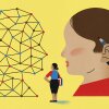 Two large heads face each other: on the left, a network of nodes representing AI, and on the right, a human child. A teacher stands in the middle, looking at the AI on the left.