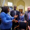 From left to right: Democratic Rep. Terri Sewell of Alabama talks with U.S. Election Assistance Commissioners Thomas Hicks, Benjamin Hovland and Christy McCormick after a House hearing on May 20.