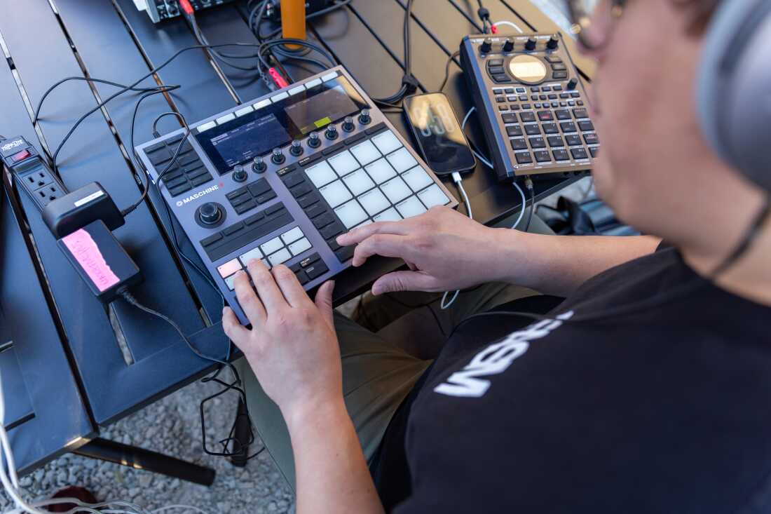 Flip a Beat Club Chicago (FABC) chapter participant and artist Fernando Bounce works on his beats on his MPCs (or "beat machines") at Nighthawk in Chicago on May 15.