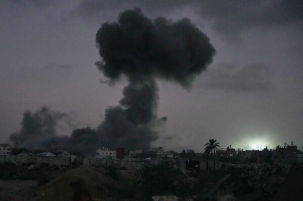 Smoke rises to the sky following an Israeli military strike in Maghazi refugee camp, in the central Gaza Strip, Wednesday, July 15, 2026. (AP Photo/Abdel Kareem Hana)