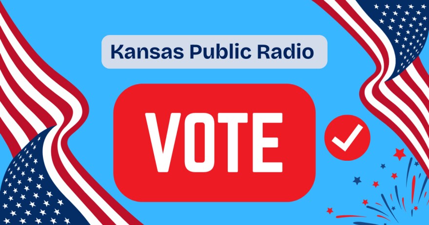 A colorful red, white and blue graphic, featuring a waving American flag with text that reads Kansas Public Radio and VOTE. After the word VOTE, a check mark appears.