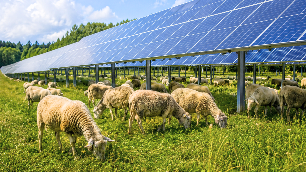 In Massachusetts, sheep came to a solar farm looking for shade and ended up mowing the grass beneath the panels, turning clean energy land into a grazing site |