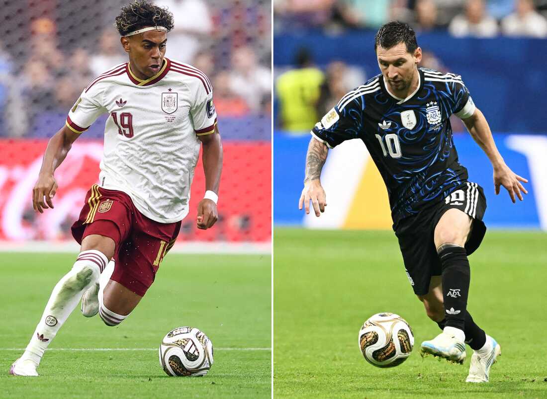 This combination of photos shows Spain forward Lamine Yamal (L) and Argentina star Lionel Messi competing earlier during the World Cup. Spain and Argentina will meet in the 2026 World Cup final Sunday afternoon in East Rutherford, N.J.
