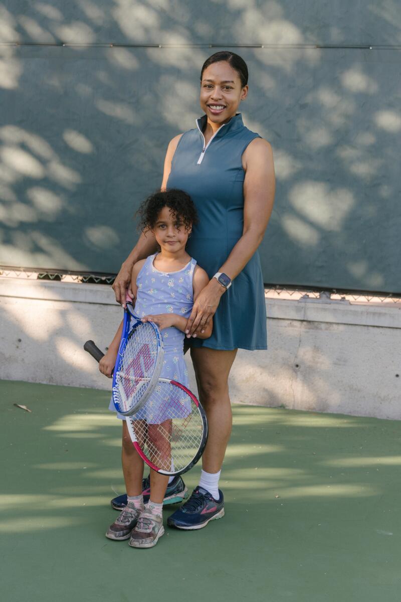 Dej Tobolowsky with her daughter, Dior, 6, during a Mommy & Me tennis class.