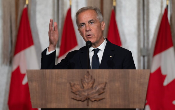 Canada Prime Minister Mark Carney speaks during a media availability in Jeddah, Saudi Arabia, Thursday, July 9, 2026. (Adrian Wyld/The Canadian Press via AP)