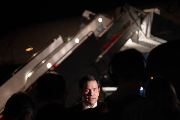 Secretary of State Marco Rubio speaks to reporters before departing Joint Base Andrews, Md., Sunnday, July 19, 2026, en route to Manila, Philippines to attend the 59th ASEAN Foreign Ministers' Meeting. (Brendan Smialowski, Pool via AP)