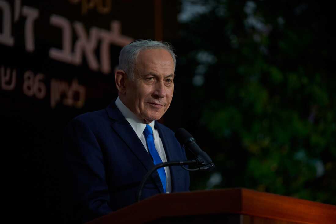 Israeli Prime Minister Benjamin Netanyahu speaks at the state memorial for Ze'ev Jabotinsky, at Mount Herzl Military Cemetery in Jerusalem, Tuesday, July 14, 2026.